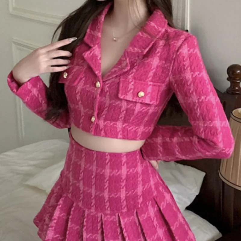 Suit Set Small Fragrant Wind 2023 Spring Autumn V-Neck Plaid Short Coat Women's Pleated Skirt Sweet Age Reducing Retro Set