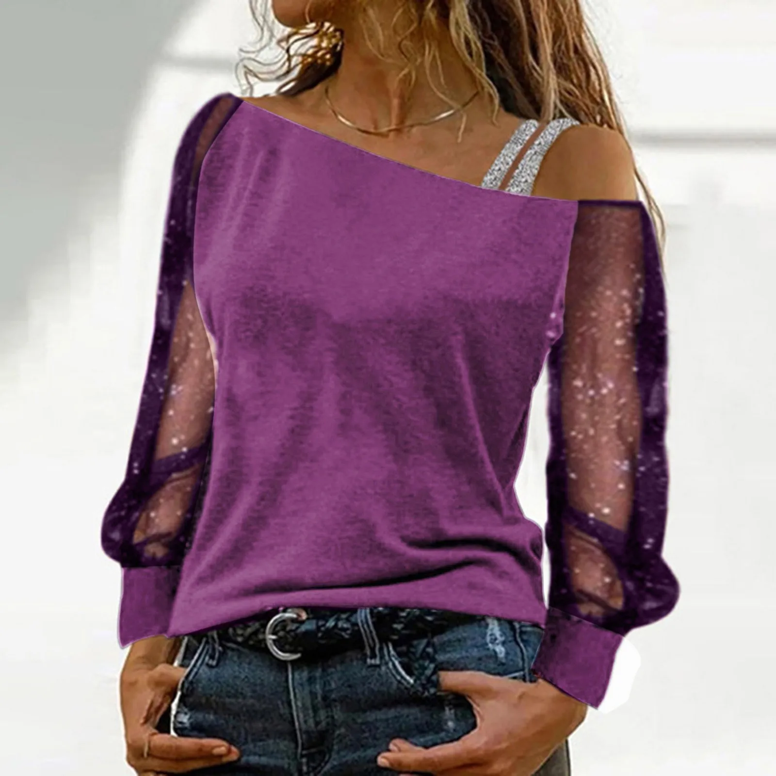 

Sexy Fashion Strapless Long Sleeve T Shirt Tops Women's Mesh See Through Splicing Long Sleeve Tops Solid Colour Loose Casual Top