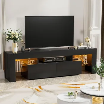 Modern LED TV Stand for Televisions up to 70 Inch with Glass Shelves and Drawer, Gaming Entertainment Center with Multiple 4