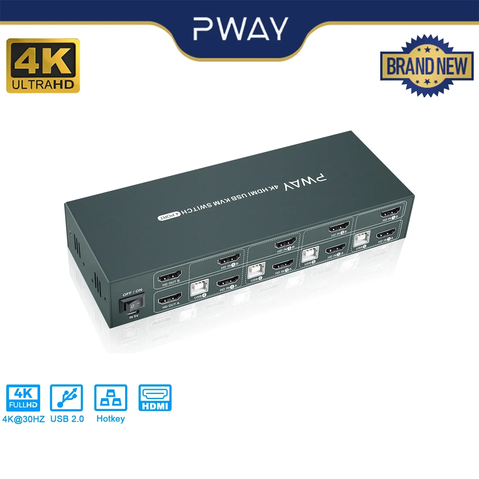 PWAYKVMSwitchHDMI4In2OutSupportResolution4K30HzFourUSB20