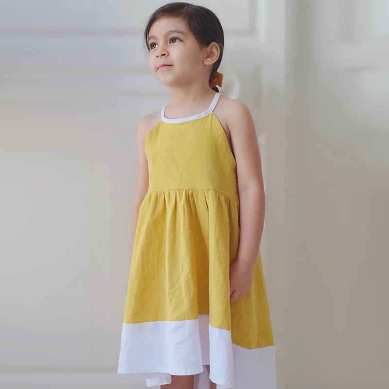 Kids Sleeveless Stitch Dress in Cotton-Linen    Girls  Mid-Calf Cotton And Linen Spaghetti Strap Stitching Summer Casual Loose fit A-line Knee-length Holiday Vacation Getaway Beach Children's Long Linen Dresses for Girl in Yellow white trim