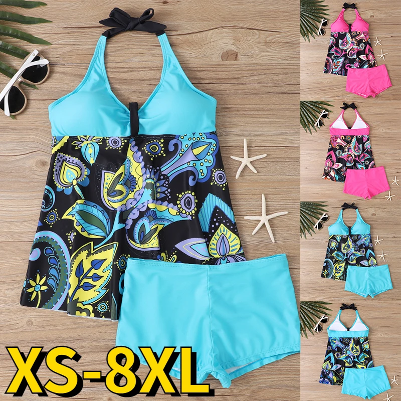 

2023 Summer Women's Vintage Printing Swimwear High Waist Loose Tankini Trend Monokini Two Piece Set Bathing Suit Sexy Swimsuit