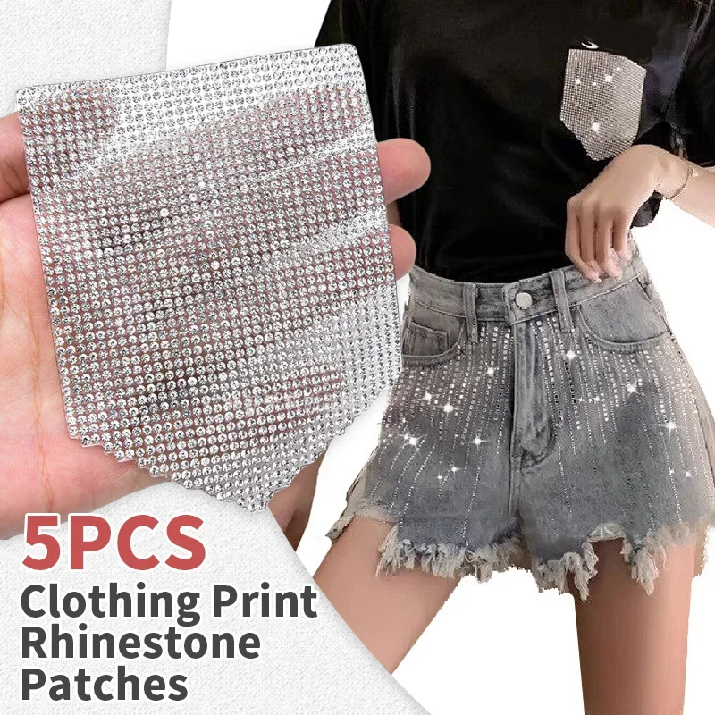 5PCS Pocket Rhinestone Patch Clothing Badge Epaulette Jeans Pocket Luxury Bling Crystal Hot Stamping Applique DIY Decoration