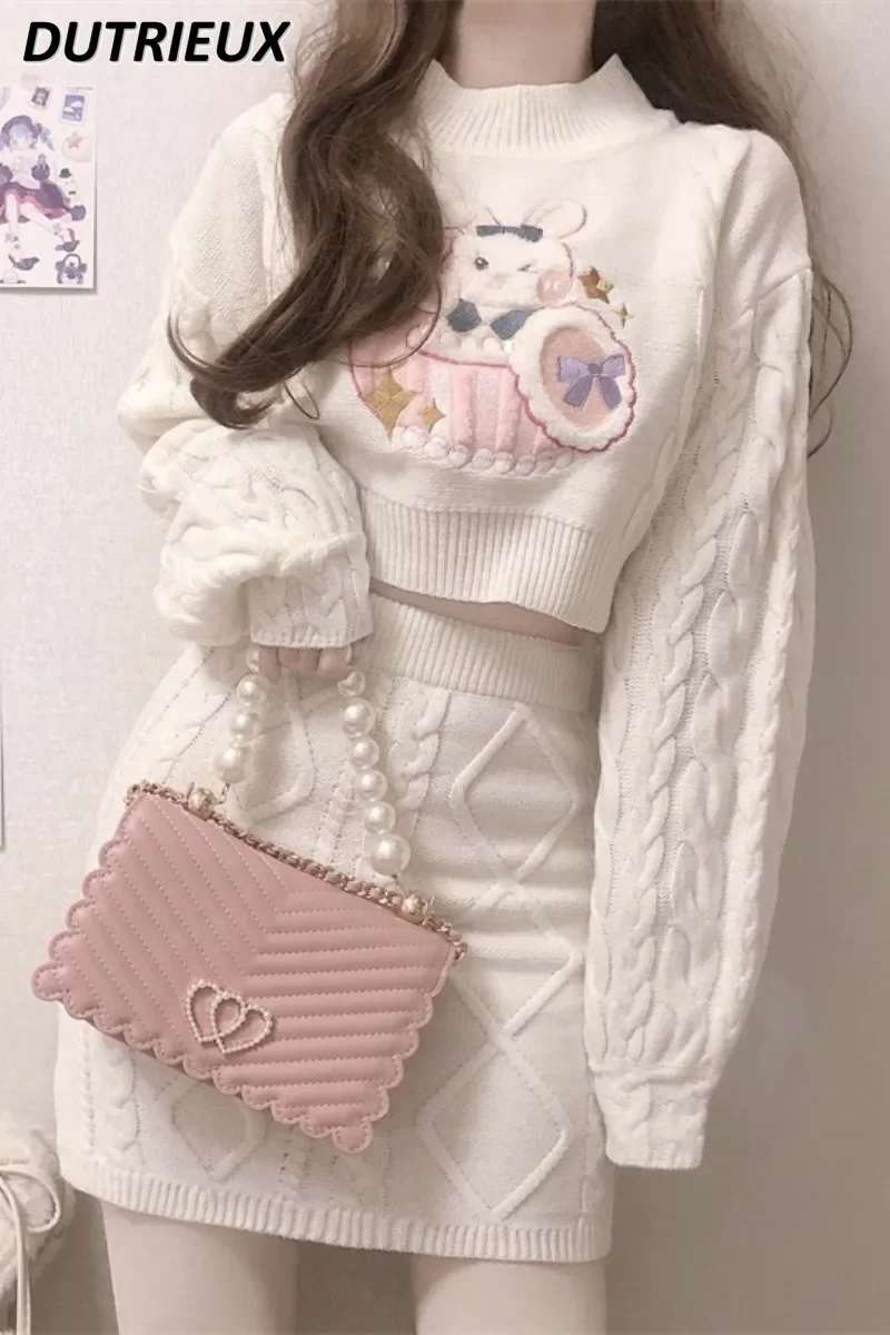 

Autumn Winter Sweet Lolita Style Skirt Sets Japanese Jk Girls Cute Rabbit Embroidery Kintted Sweater Skirts Spring Women Outfits