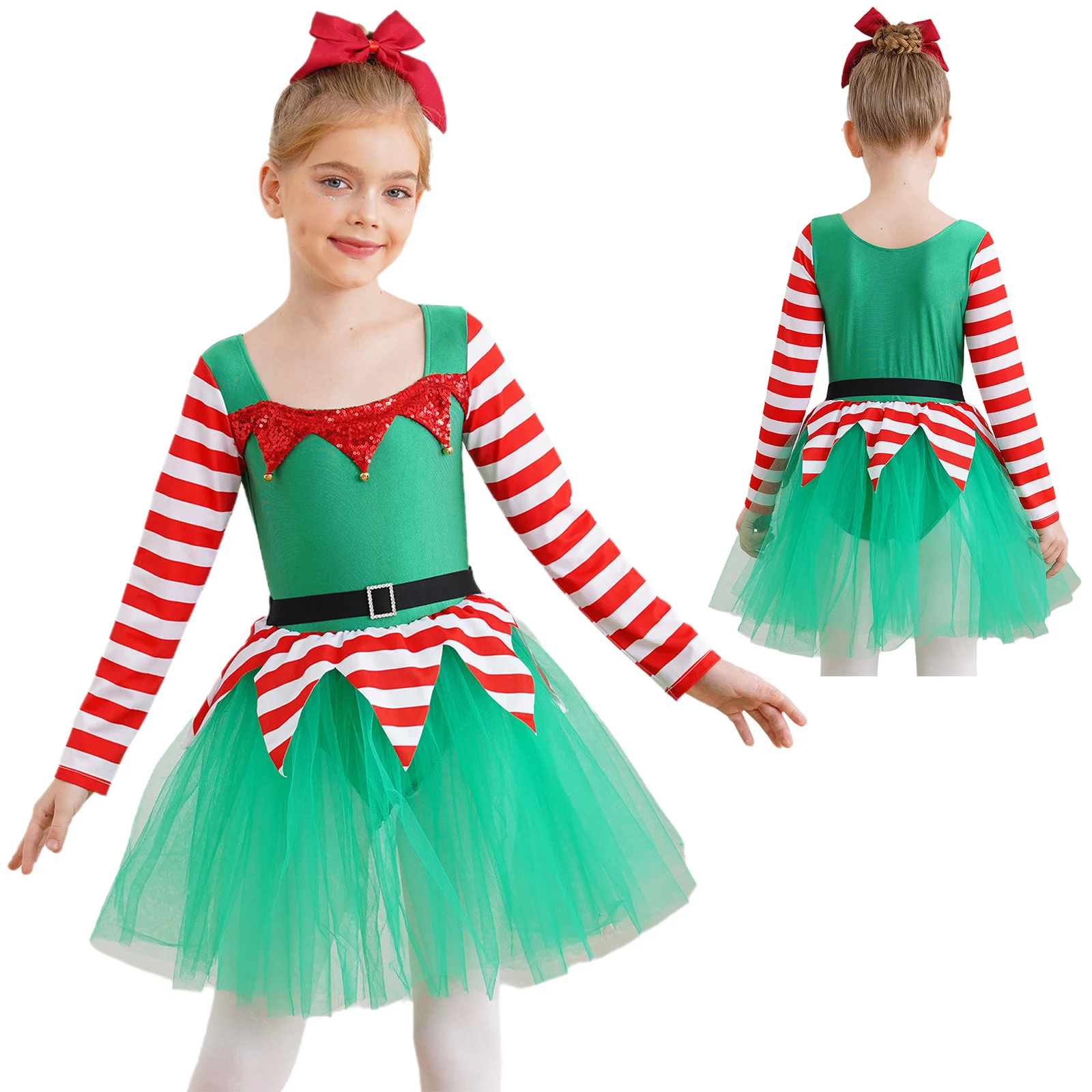 thumbnail image 1 of Disfraz de elfo de Navidad para niñas, disfraz de Papá Noel para niños, disfraz de bastón de caramelo, vestido tutú de Ballet a rayas, 1 of 5