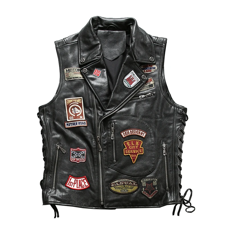 

Embroidered genuine leather waistcoat men's lapel Moto & Biker sleeveless jacket cowhide vests