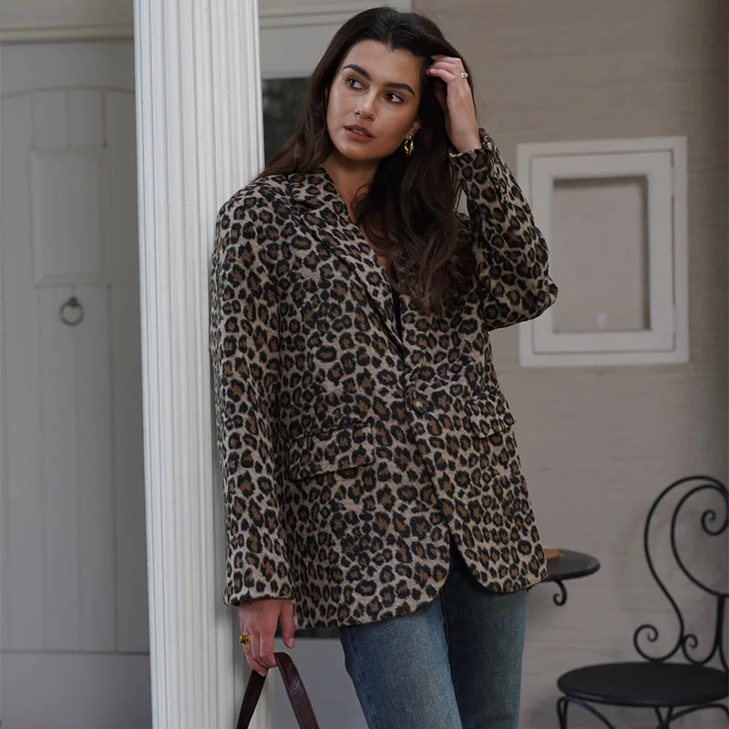 Fall Leopard Print Jacket Blazer Women Lapel One Button Long Sleeve Loose Coat Female Fashion All-matching New in Outwears