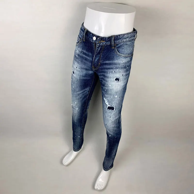 High Street Fashion Men Jeans Retro Blue Stretch Skinny Fit Painted Ripped Jeans Men Patched Designer Hip Hop Brand Pants Hombre