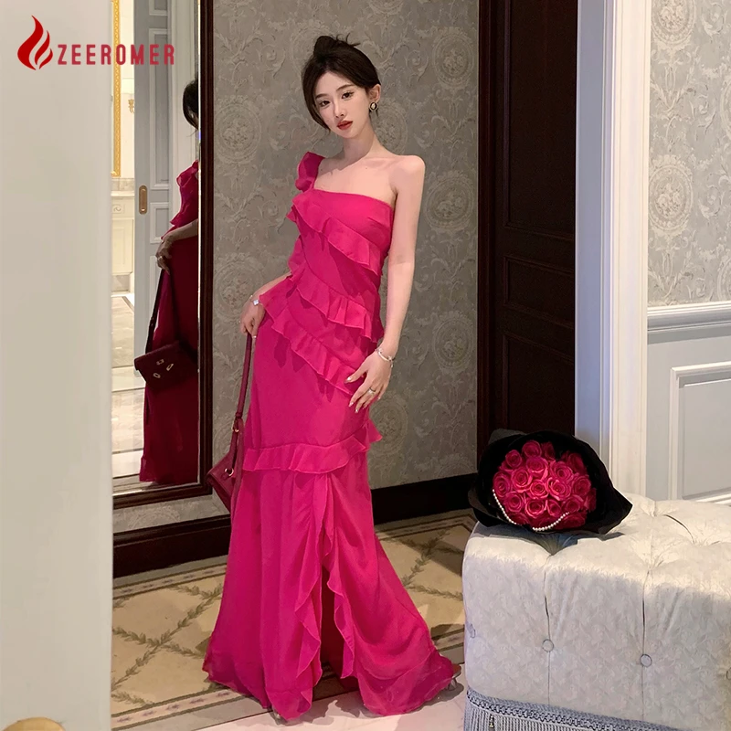 2023-Summer-New-Sexy-Rose-Red-Split-Ruffles-One-Shoulder-Dragging-Party ...