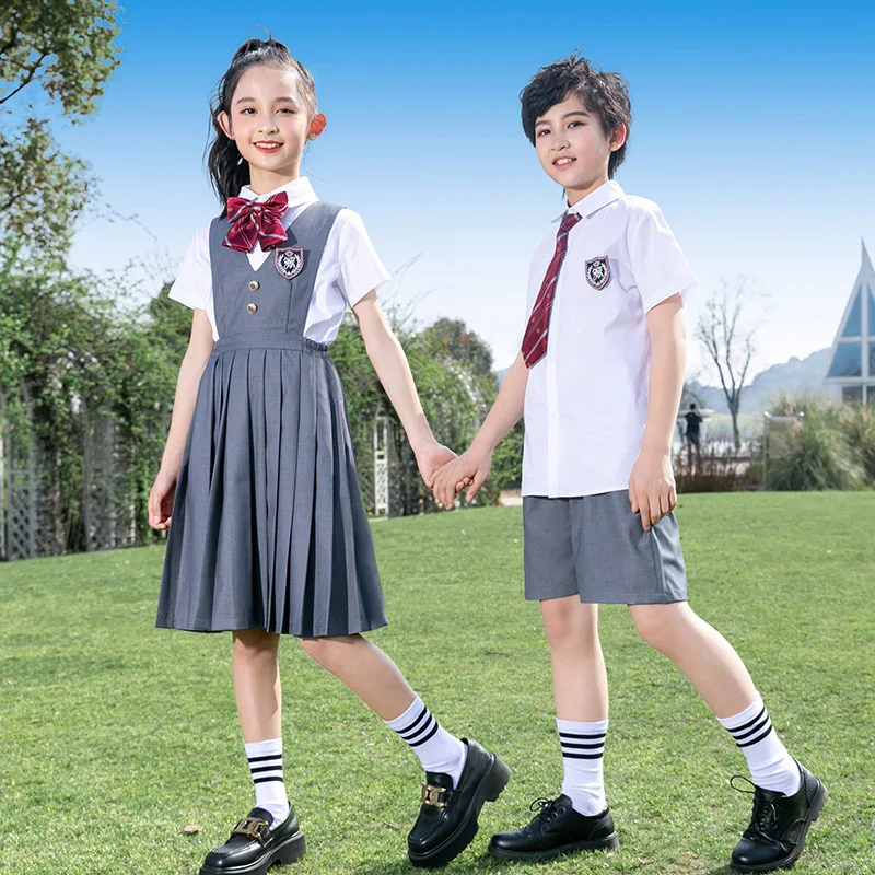 Kid Japanese School Uniform White Shirt Gray Pleated Pinafore Dress