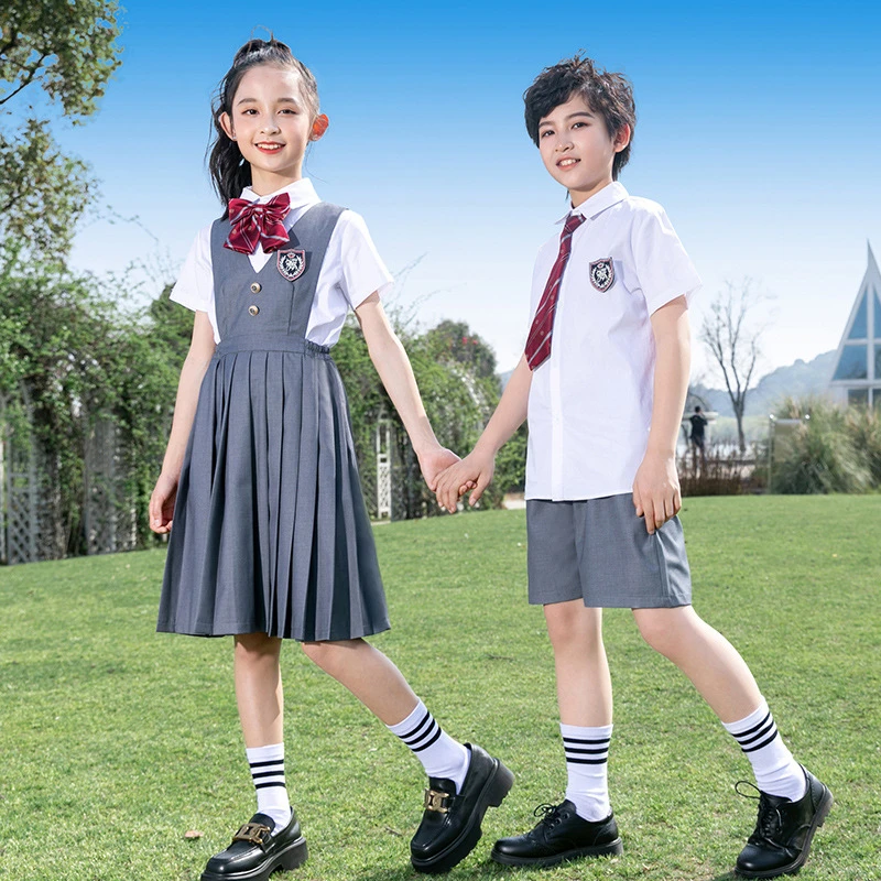 Kid Japanese School Uniform White Shirt Gray Pleated Pinafore Dress