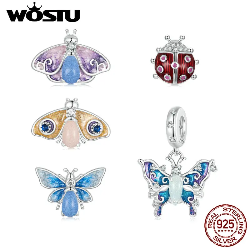 

WOSTU 925 Sterling Silver Luminous Insect Charm Colorful Enamel Butterfly Pendant Fit Original Bracelet DIY Valentine's Gift