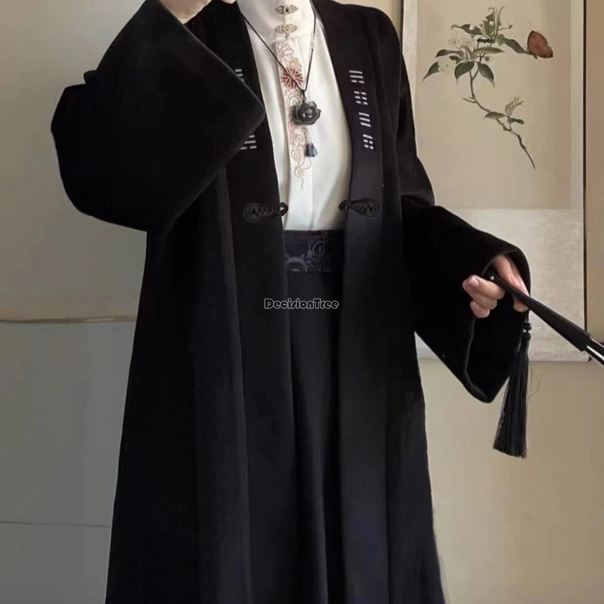Unisex Chinese Style Embroidery Cardigan Thicken Cotton Long Length Anicent Style Coat Elegant Casual Daily Versatile Coat