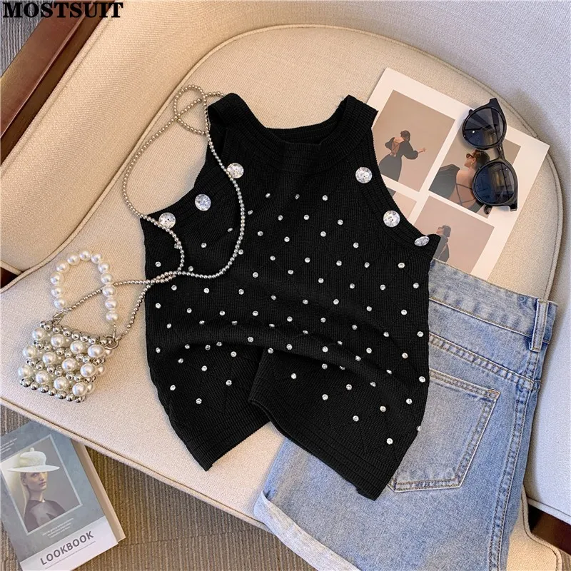 Sleeveless Diamonds Slim Knit Vests Women's Crop Tops 2023 Summer