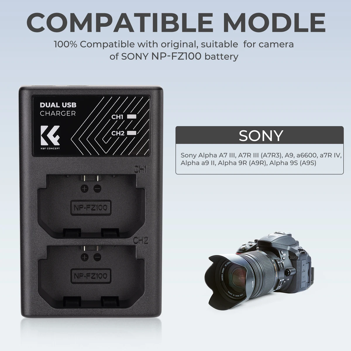 K&F Concept NP-FZ100 NP FZ100 Camera Battery Charger For Sony Camera A9 A7M4 A7R5 A7C ZVE1 A6700 A7III A7 III FX30 — view 5