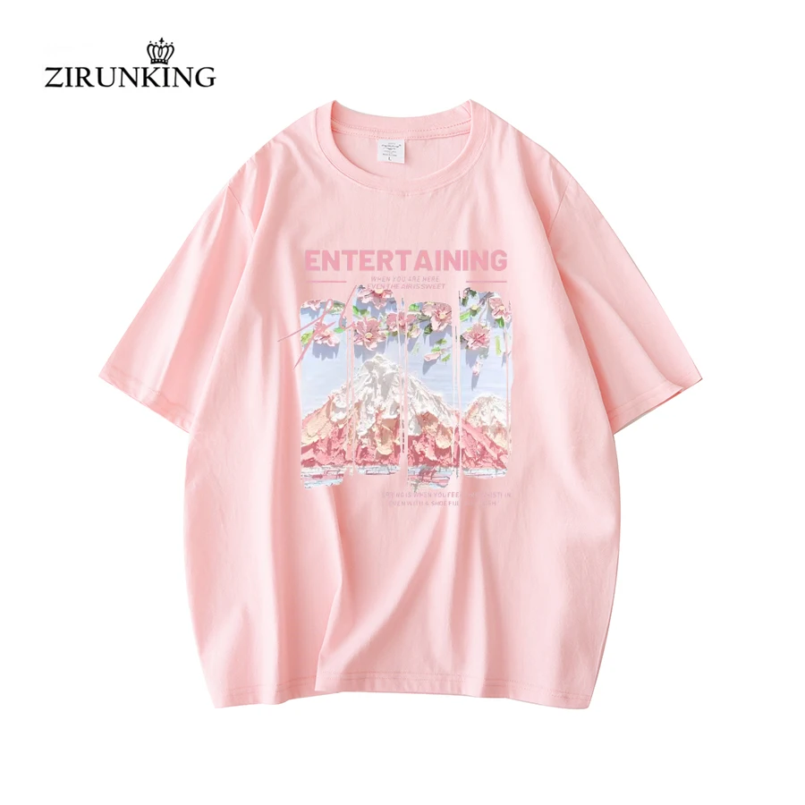 

Женский пуловер для отдыха ZIRUNKING из чесаного хлопка, винтажные футболки в японском стиле с принтом снега и гор, спортивные парные футболки с круглым вырезом