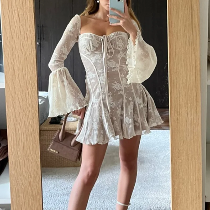 European and American women's new flared sleeve ballet style sexy and pure desire lace wrapped chest print long sleeved dress