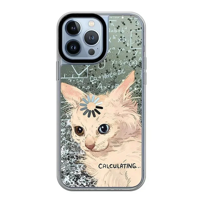 

Cat Coffee Transparent Border Silver Quicksand iPhone 12 13 15 14 Pro Max Protective Case, Fits iPhone 15 Pro Max