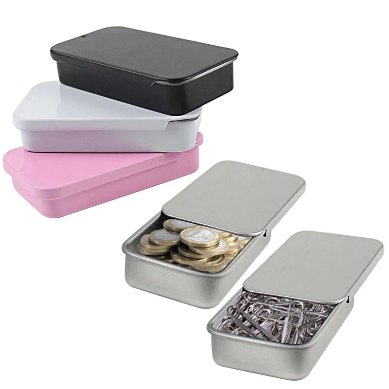 

2Pcs Metal Rectangular Empty Mini Tin Box Tinplate Push Candy Pill Cases Bins Jar Hinged Containers Small Organizer Storage Box