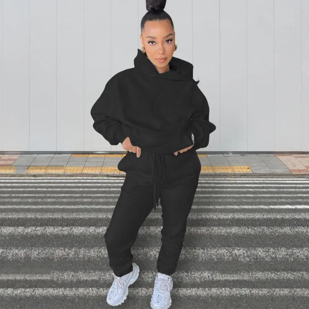 Autumn Winter 2Pcs Set Women Tracksuit Fleece Long Sleeve Pullover Warm Top Hoodie+Jogger Pants Solid Outfit Sport Suit Sets