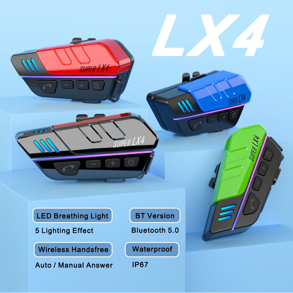 

LX4 Breathing Light Helmet Headset Bluetooth 5.0 Handsfree Motorcycle Earphone 2 IN 1 Mic 4 Colors CVC Wireless Moto Earphone