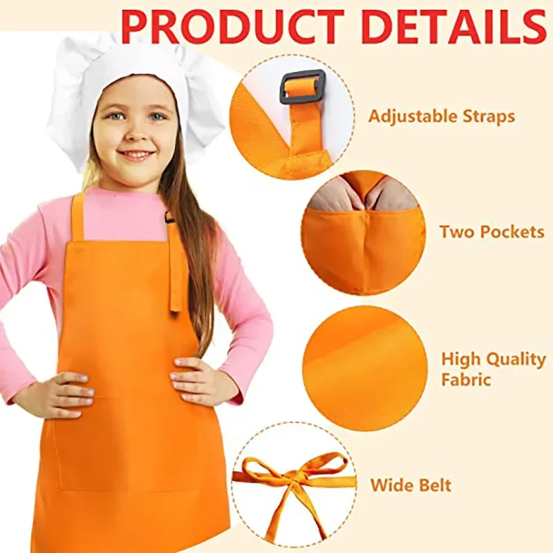 Children Baking Chef Apron Front Pocket Bib Boys Girls Apron Kitchen Craft Kids Apron Painting Cooking Baby Pinafore+Hat Sets 4