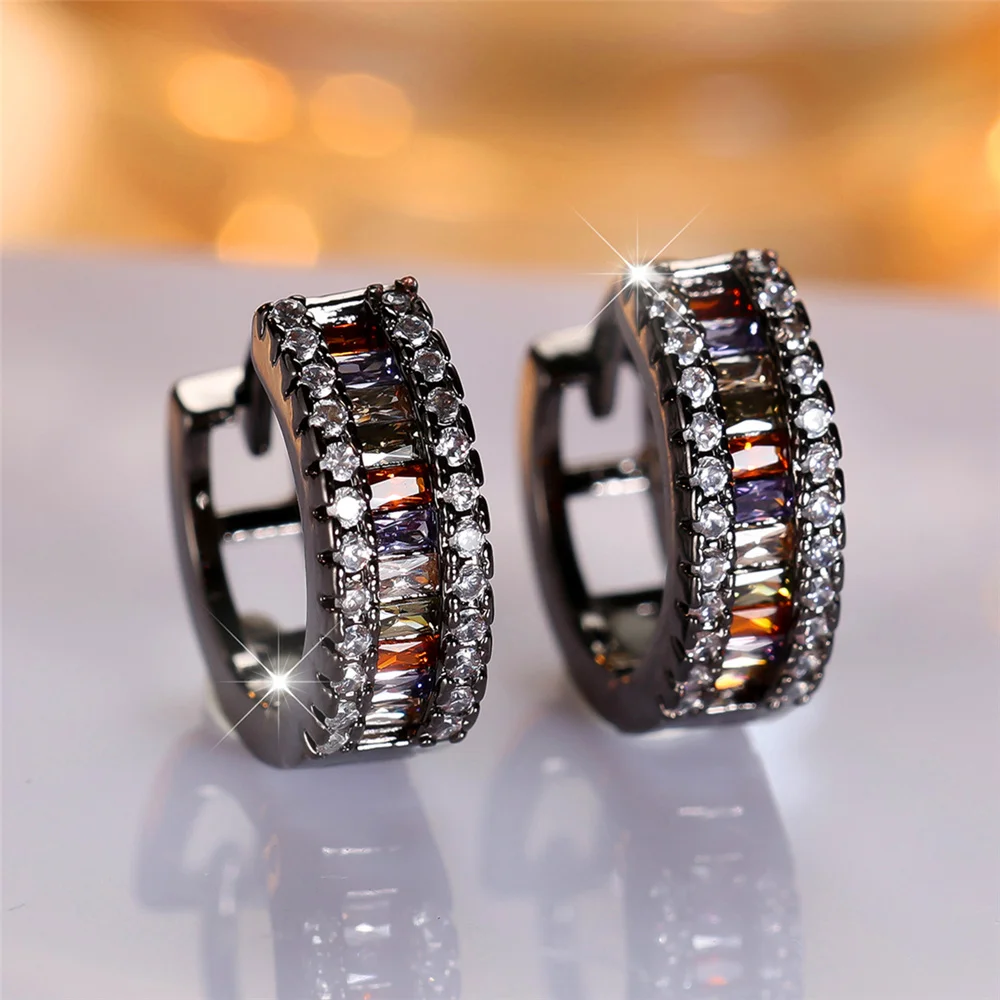 Trendy Crystal Female Small Rainbow Zircon Stone Hoop Earrings Vintage Black Gold Color Wedding Jewelry For Women