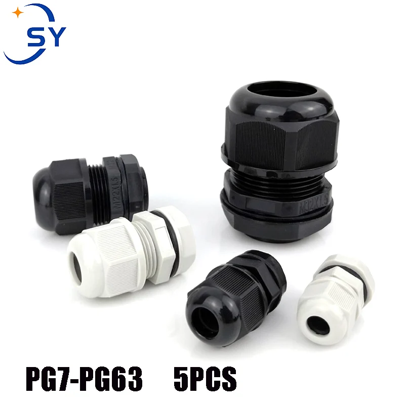 

5PCS Waterproof Cable Gland IP68 PA66 Nylon PG9 PG11 PG13.5 PG16 PG19/21/ PG25 PG29 PG36PG42PG48PG48 White Black Cable Connector