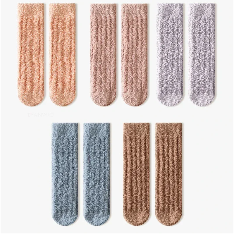 Children Autumn Winter Mid Tube Socks Thickened Coral Fleece Warm Baby Sleep Stockings Solid Boys Girls Kids Home Floor Socken