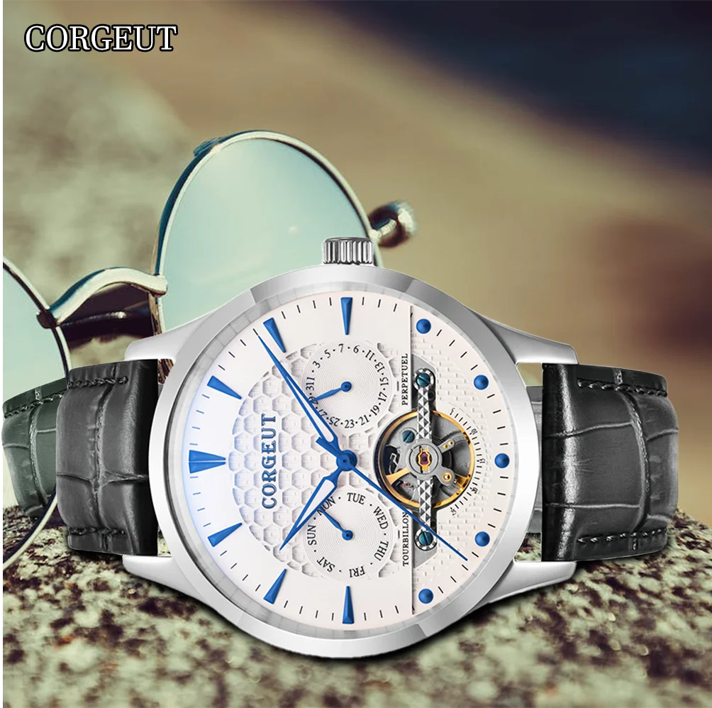 

CORGEUT 45mm Luxury Banquet Business Mens Watches Mineral Glass Automatic Mechanical Date Week Watch for Man Daily Waterproofing