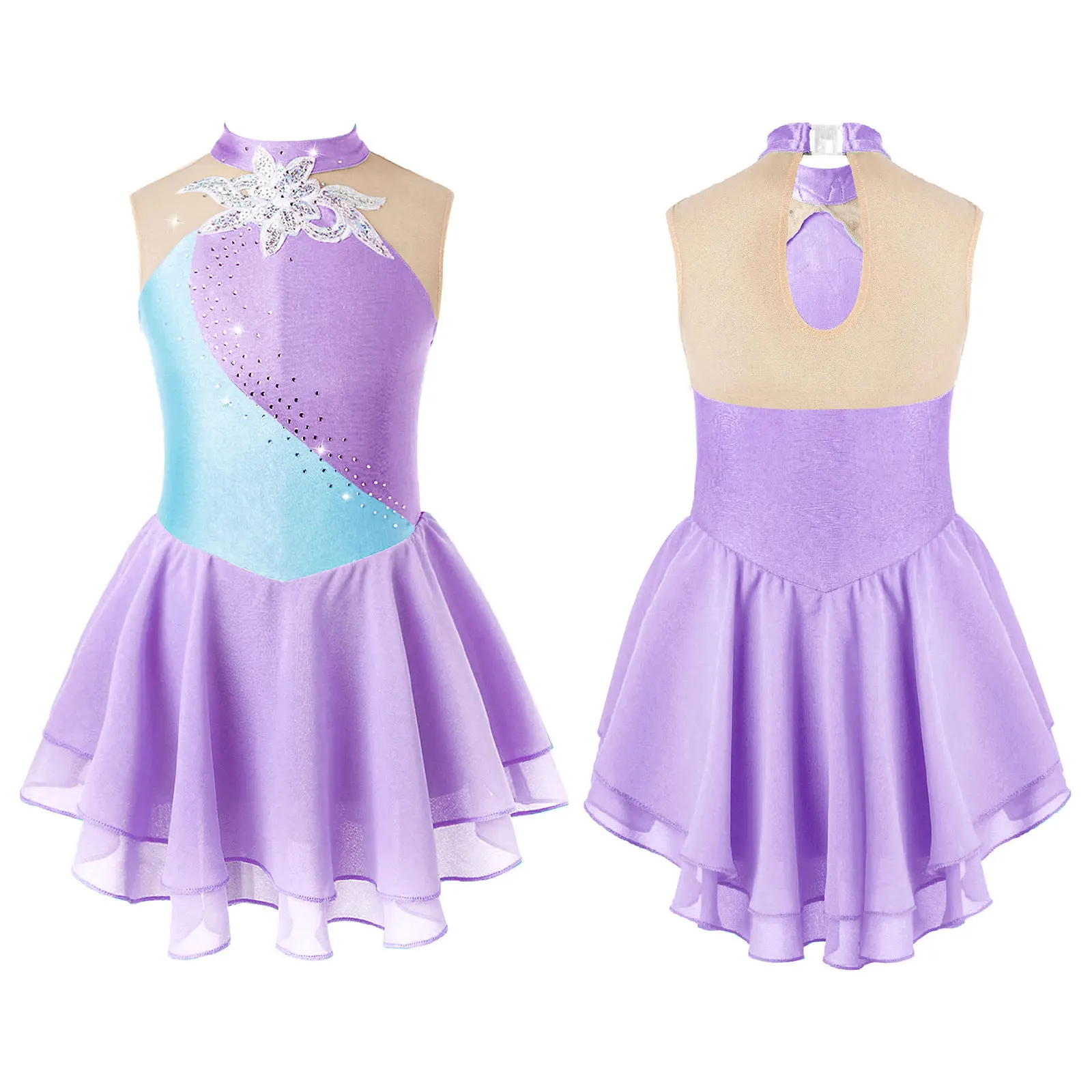 thumbnail image 1 of Vestido ajustado para niñas con brillantes diamantes de imitación para gimnasia, patinaje artístico, maillot de ballet con lentejuelas, traje de danza lírica, 1 of 5