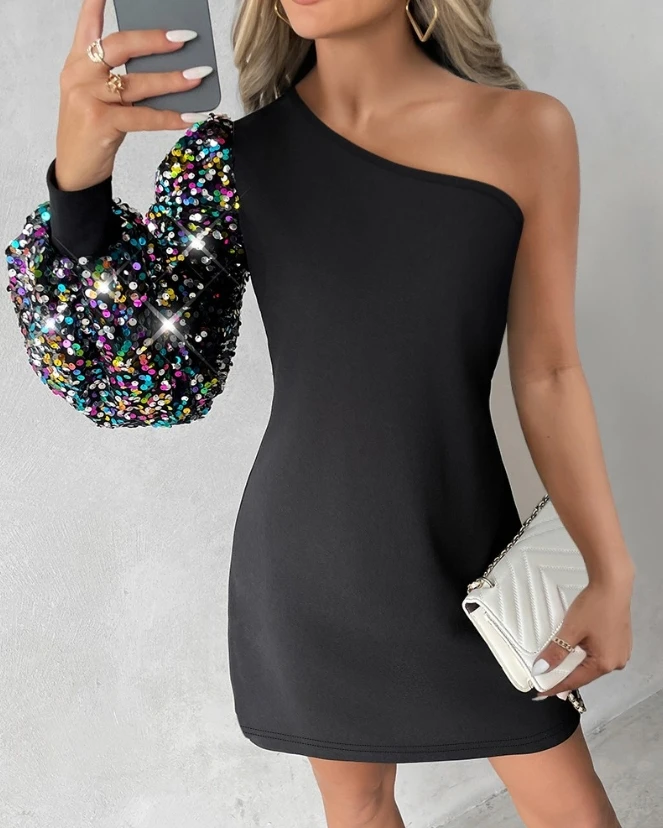 

Contrast Sequin Off Shoulder Casual Dress 2023 New Fashion Hot Selling Spring/summer Long Sleeved Short Skirt