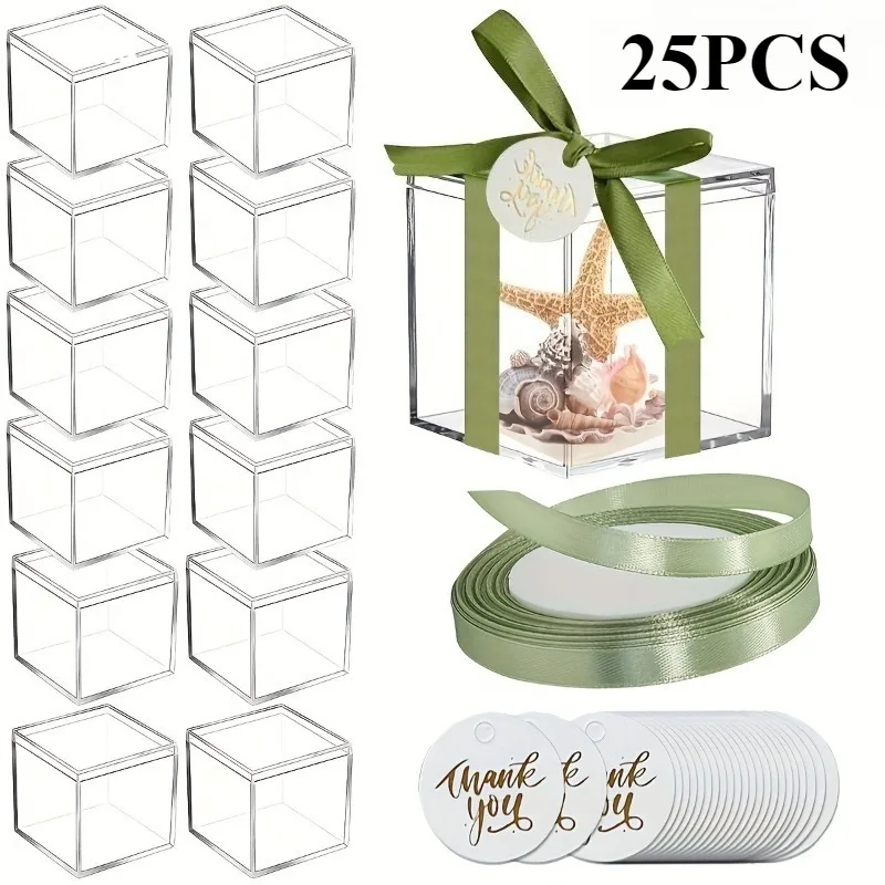 25pcs Clear Acrylic Square Cube Gift Boxes with Lids Green Ribbon ...