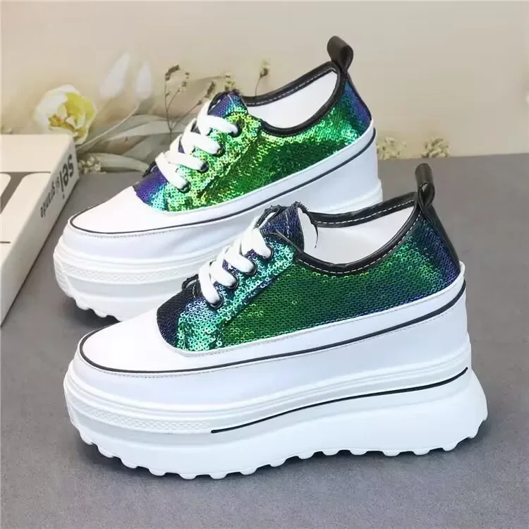 

New Shallow Breathable Sequins Super High Heel Lace up Casual Small White Shoes Matsutake Sole Large Women's Single Shoes