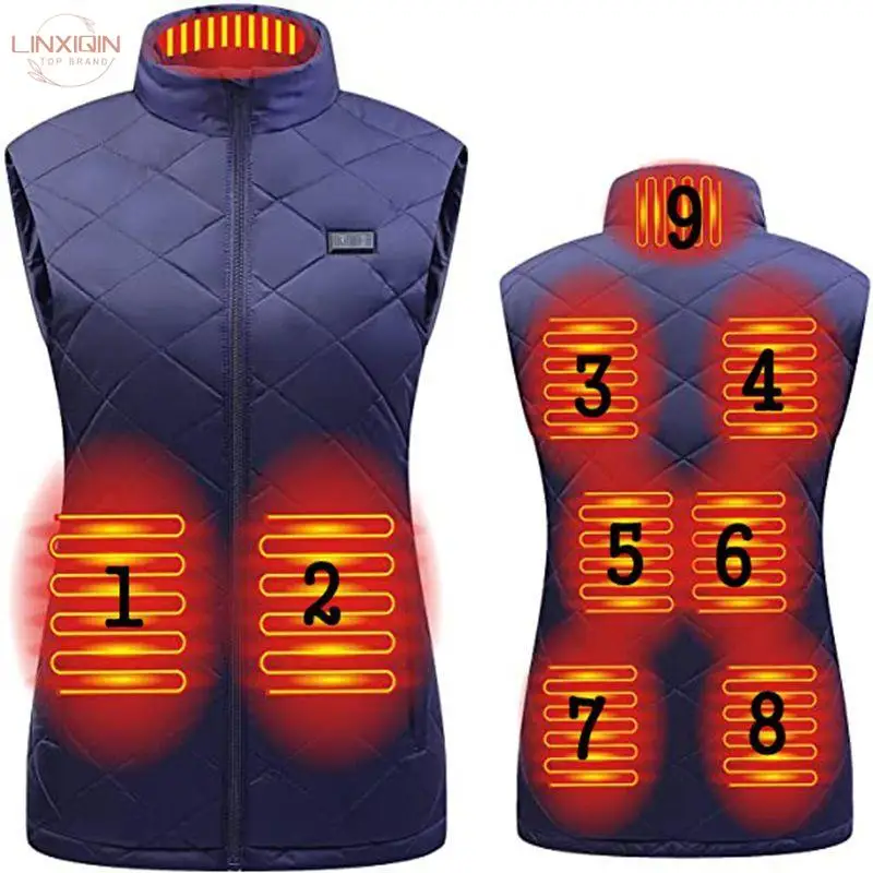 

LINXIQI Women 9-zone dual switch Heating Vest Autumn Winter Cotton Vest USB Infrared Electric Heating suit Flexible Thermal Vest
