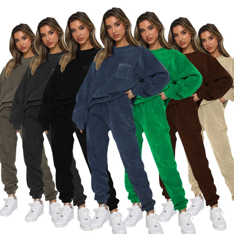 

Women Tracksuit Corduroy Solid Color O-neck Hoodeis + Sweatpants 2 Piece Set Autumn Winter Fashion Casual Female Sweatshirt Suit