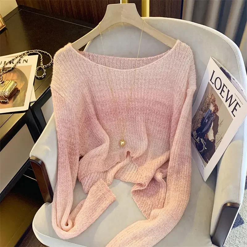 

Sexy Solid Color Thin Women's Sweater Vintage Hollow V-neck Knitted Pullover Spring Loose Sweatshirt Korean Y2k Jumper Top N858