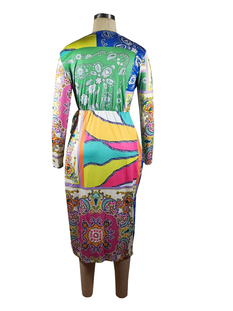 Wmstar Women Dress Fashion New Elegant Pattern Printed Waist V Neck Long Sleeve Knee Length Comfortable Pleated Holiday Dresses