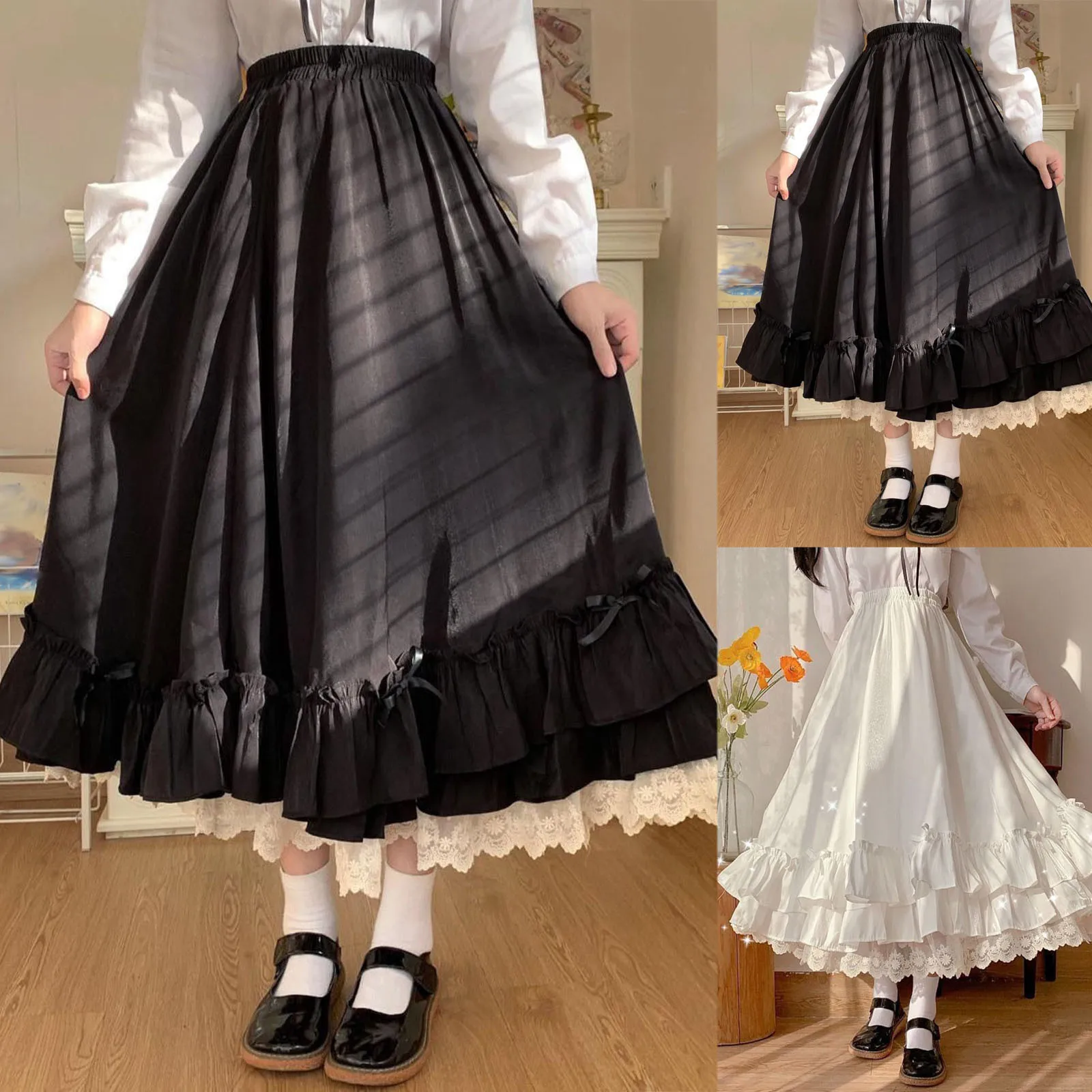 Women'S Solid Color Design Fashionable Japanese Girl Fairy Lace Half Length Skirt Black And White Maid Princess Skirt Fairy Y2k 3