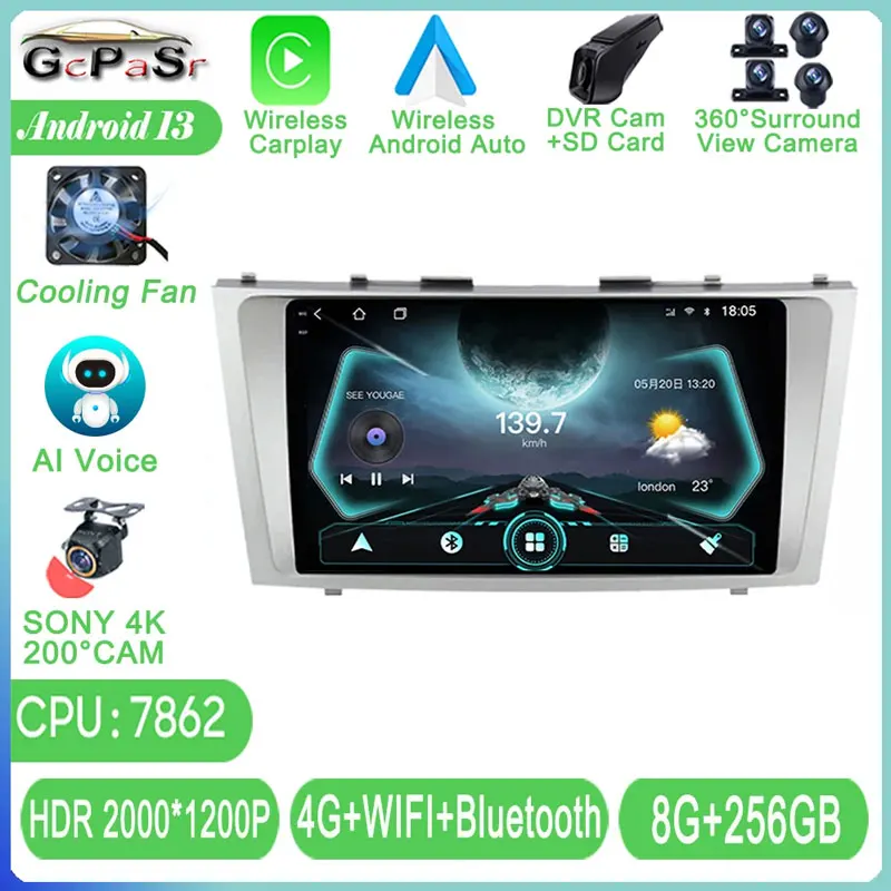 

QLED Android 13 для Toyota Camry 6 XV 40 50 2006-2011, мультимедийный автомобильный радиоприемник, видео, GPS-навигация, стерео, фонарик с Wi-Fi, 2DIN, DVD