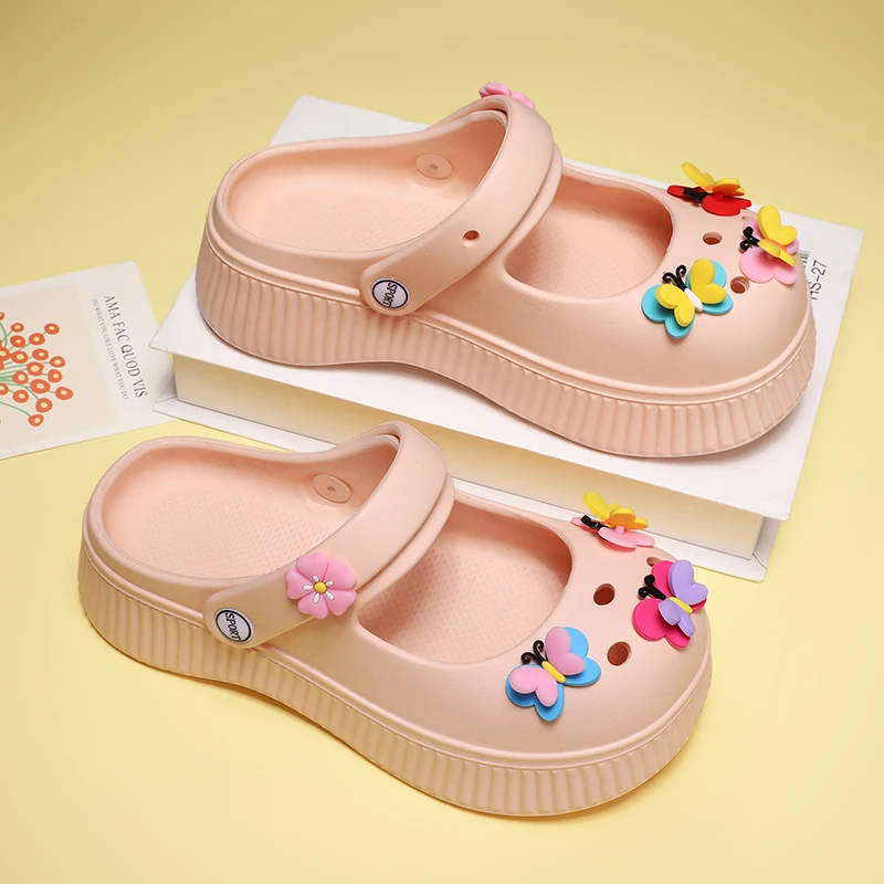 Pink Princess Shoes Girls Lightweight Soft Mary Jane Sandals Summer Kids Garden Shoes Butterfly Decoration Slippers Woman