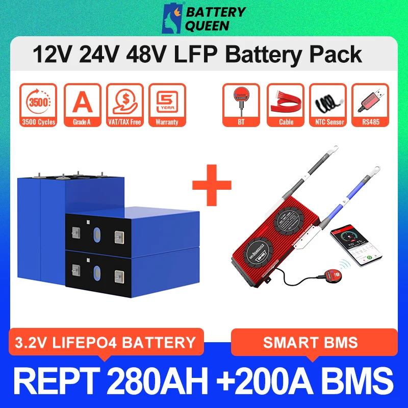 

New 280AH LiFePO4 Battery with 4S 8S 16S 200A Smart BMS 12V 24V 48V Rechargeable cells Lithium Battery for Solar Energy Storage