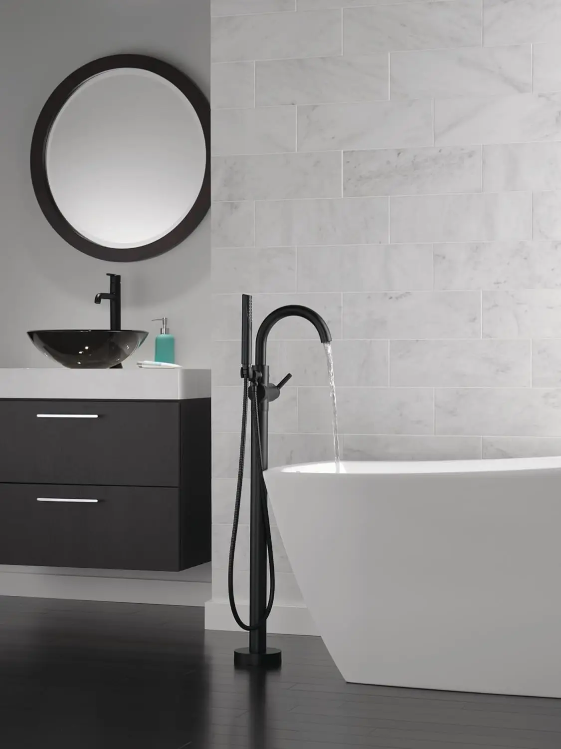 Trinsic Floor Mount Freestanding Tub Filler with Hand Held Shower Black Bathtub Faucet Tub Faucet Matte Black