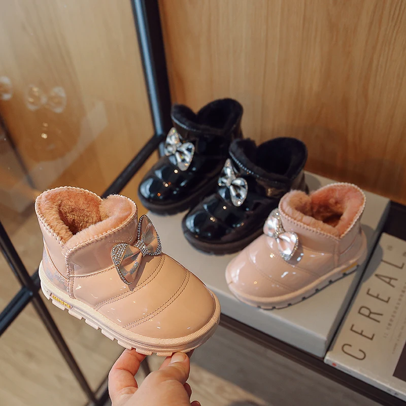 

Snow Boots Kids 2022 Winter Girls Warm Pu Rhinestones Butterfly-knot Princess Plush Water-proof Rubber Shoes Boys Boots Children