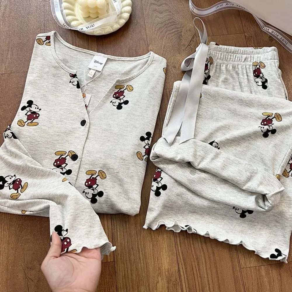 Ensemble de pyjama pour femme Potdemiel Mickey, automne, style coréen, vêtements de détente à manches longues, vêtements de nuit en coton de qualité supérieure avec pantalon