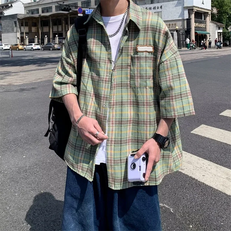 Summer Y2K Vintage Short Sleeve Shirt For Men Loose Appliques Polos Lapel Plaid Tee Shirts Pocket Blouse casual short sleeved shirt short sleeved shirt