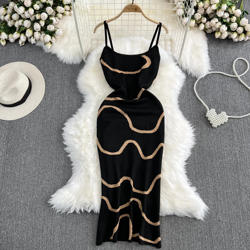 

Foamlina Korean Chic Women Summer Striped Knitting Long Dress Sexy Spaghetti Strap Sleeveless Tight Fit High Stretch Basic Dress