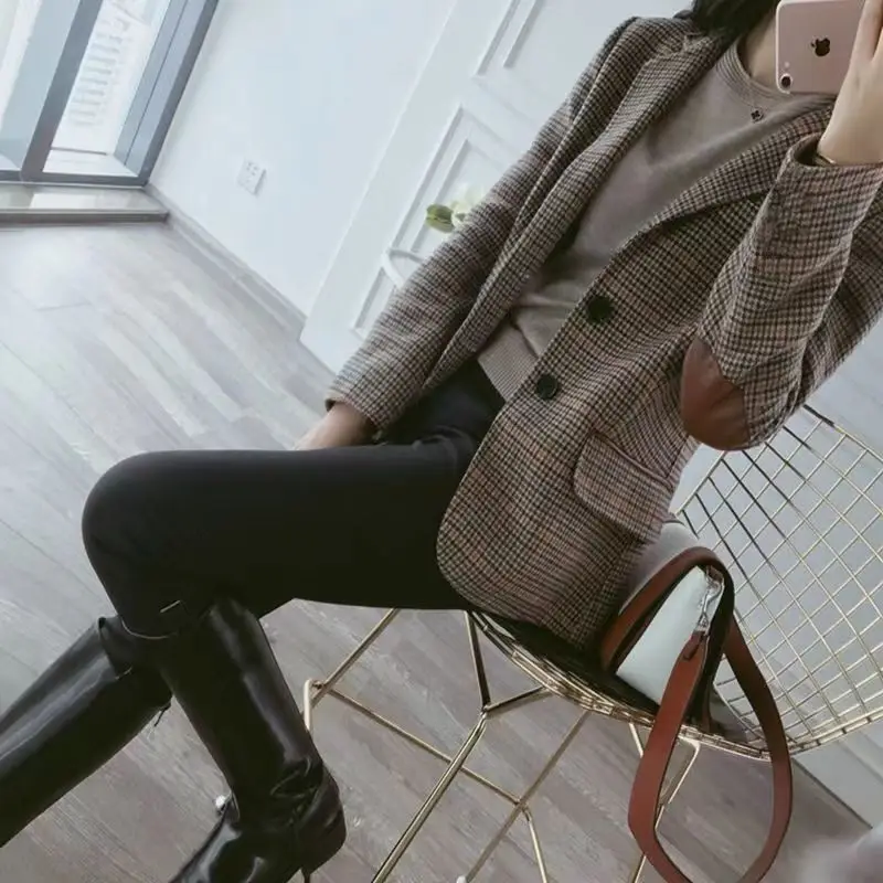 

Button Plaid Pockets PU Patchwork Notched Office Lady Suit Casual Jackets Korean Spring Fashion Vintage Elegant Woman Blazers