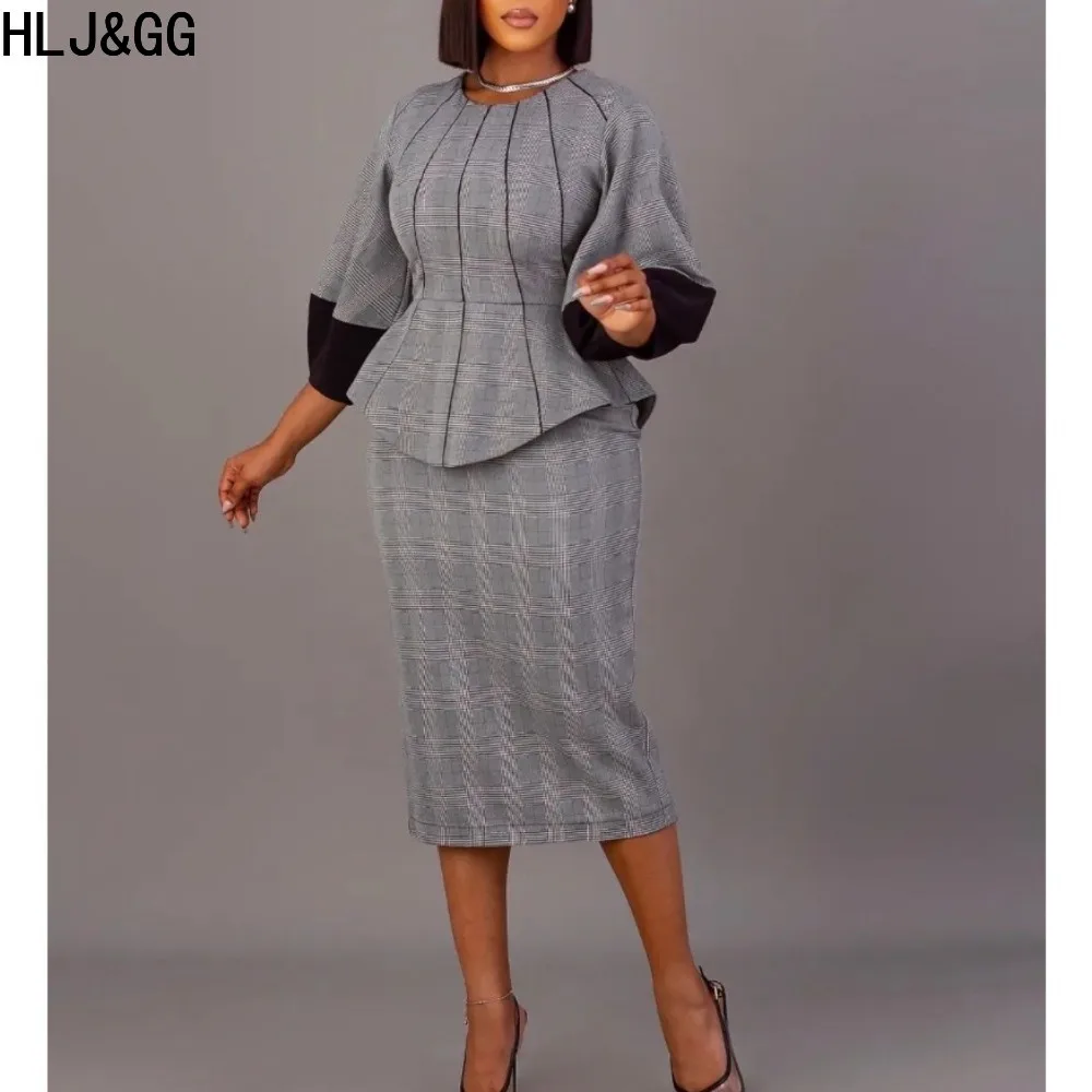 HLJ&GG Elegant Lady Print Lantern Sleeve Irregular Two Piece Sets Women Round Neck Long Sleeve Crop Top And Skinny Skirts Outfit