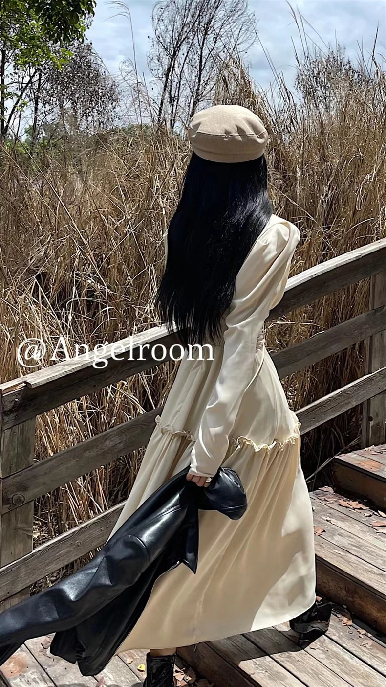 Autumn Satin Midi Dresses for Women Long Sleeve V-neck Folds Design A-line Korean Fashion Office Lady One Piece Vestidos New